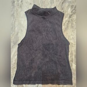 One Step Up Vintage Ribbed Mock Neck Sleeveless Top S/M Charcoal Gray Stretchy